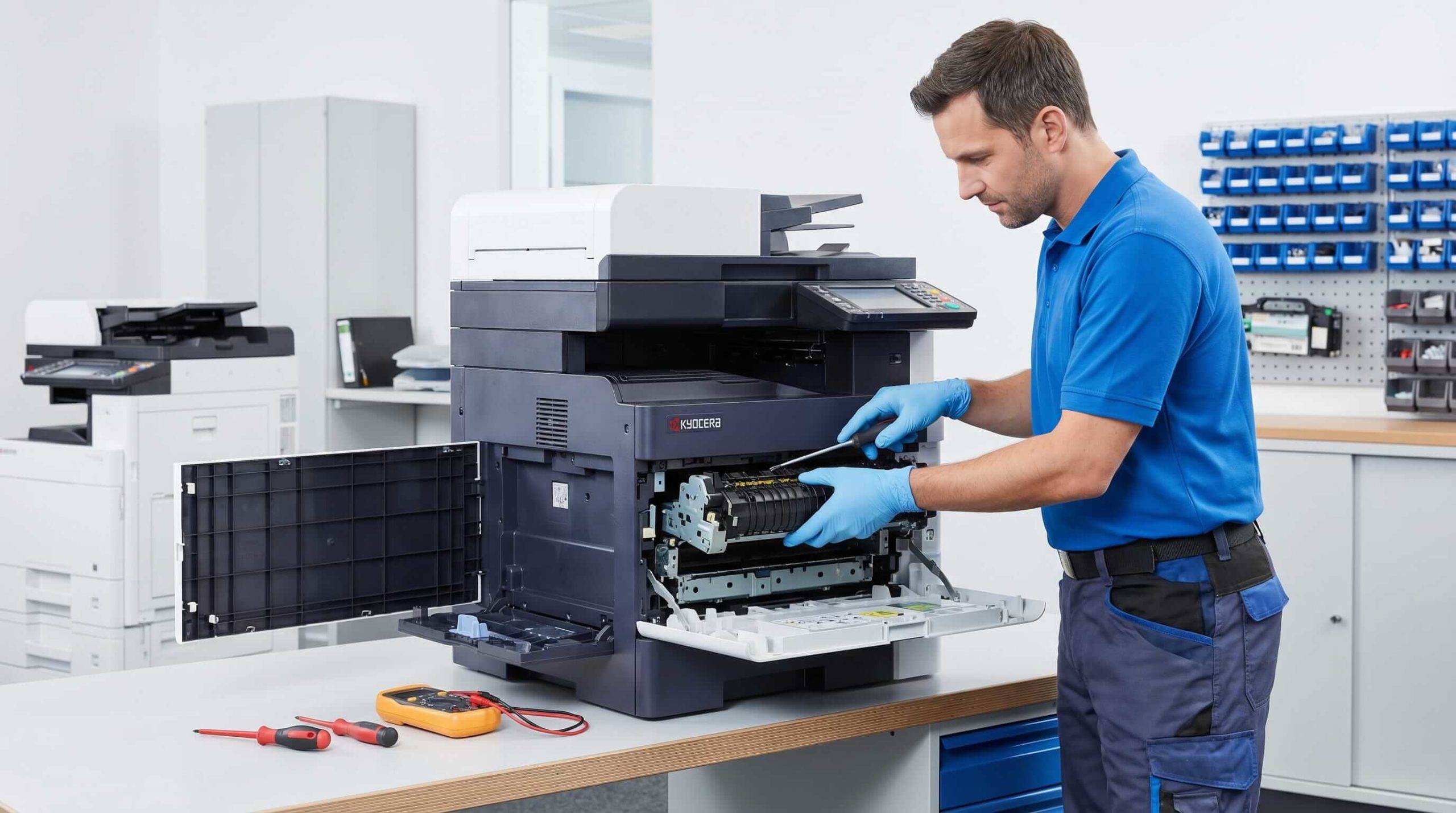 Técnico realizando el mantenimiento Kyocera