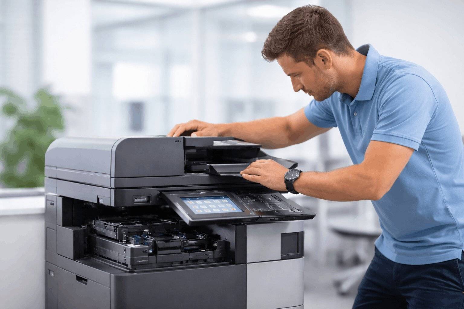 Técnico revisando una impresora profesional